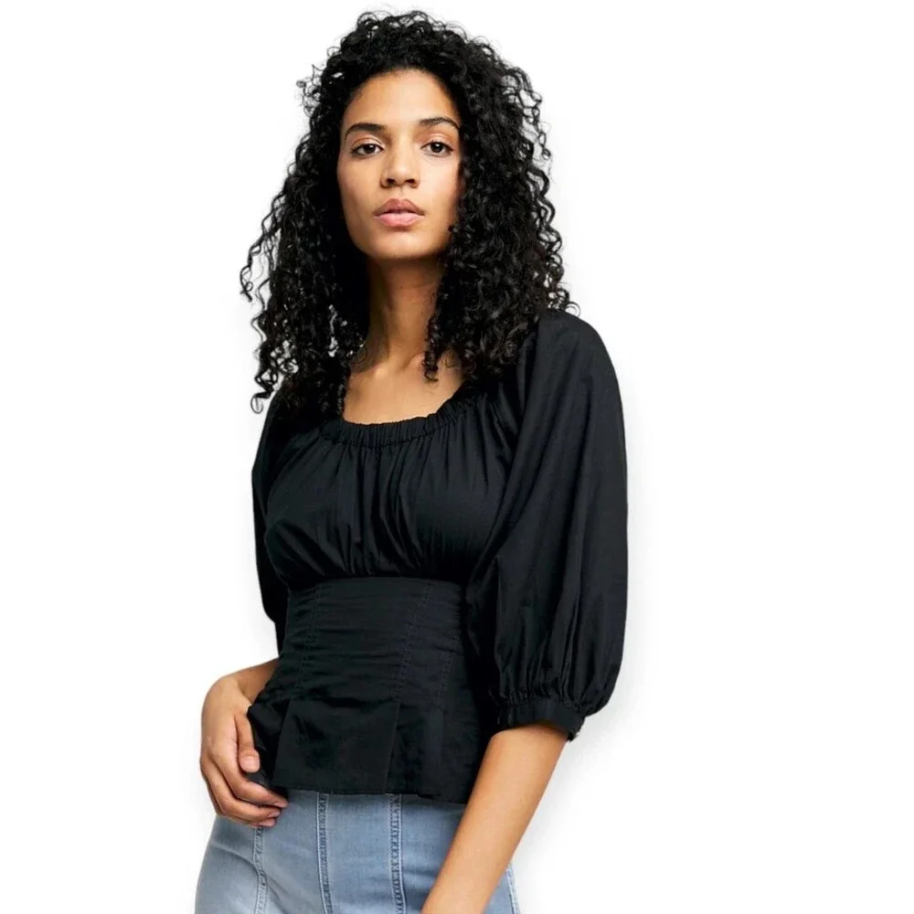 Free People Teagan Size Medium Black Puff-Sleeve On/Off Shoulder Peplum Blouse